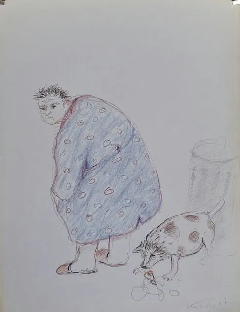 Alte mit dickem Hund